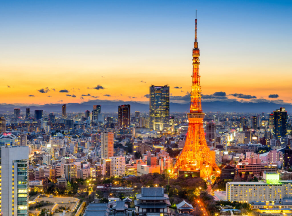 Tokyo Tower and city skyline at dusk, Japan