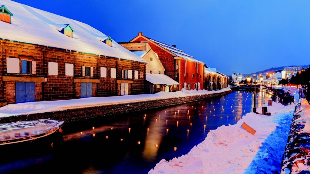 Otaru in winter with snow-covered streets, Hokkaido, Japan