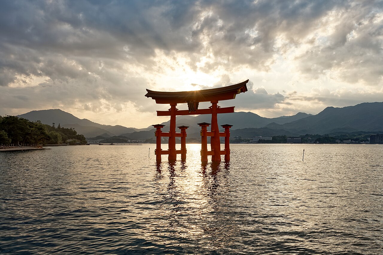 Itsukushima jinja torii at sunset, Miyajima, Japan,