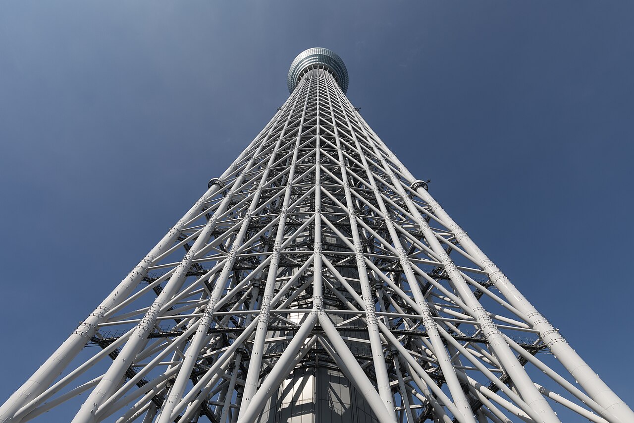 Worm's eye view of Tokyo Skytree with vertical symmetry impression, a sunny day, in Japan