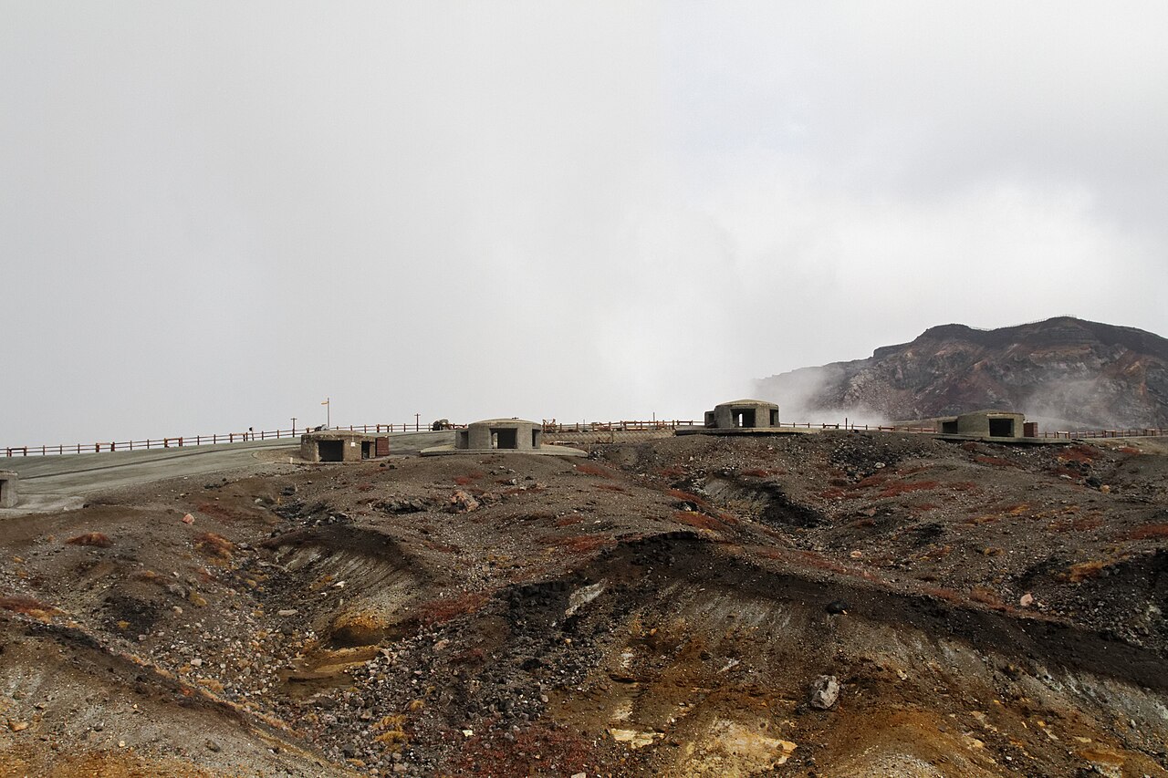 Naka dake crater access, currently closed because of toxic SO2 emissions. These are concrete bunkers, as the volcano spits large rocks every now and then. ()
