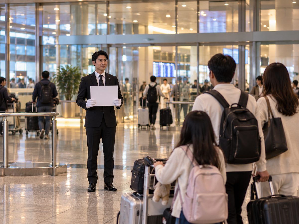 คนขับสวมสูทถือป้ายรอรับผู้โดยสารอยู่ที่ประตูขาเข้าของสนามบินในญี่ปุ่น