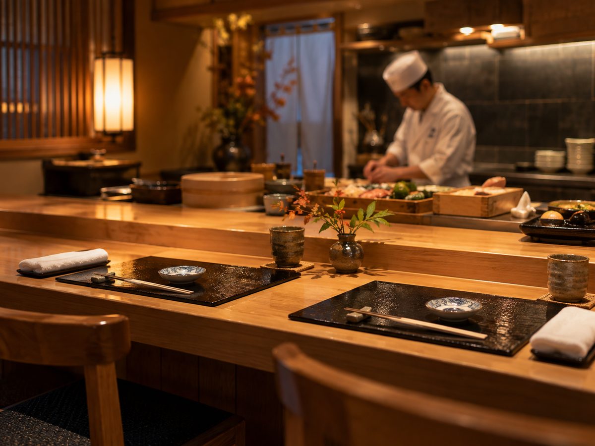 ที่นั่งเคาน์เตอร์ในร้านอาหารญี่ปุ่นจัดไว้รอลูกค้าที่จองล่วงหน้า