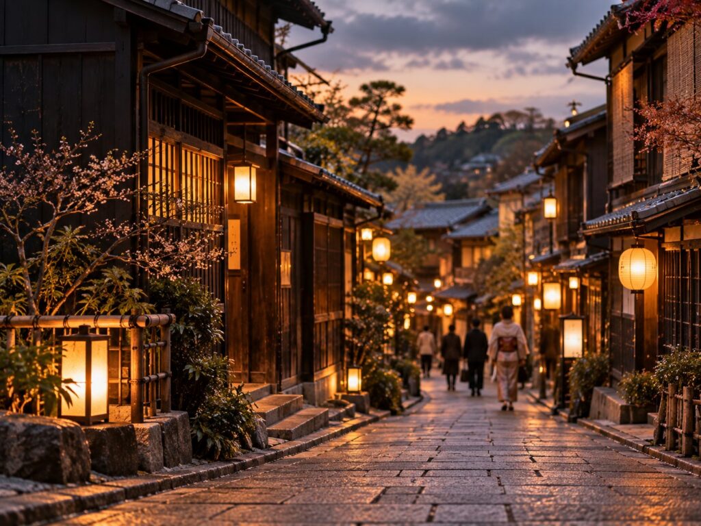 ตรอกปูหินในเมืองเก่าญี่ปุ่นช่วงพลบค่ำ บ้านไม้สองข้างทางและโคมไฟกระดาษเริ่มติด
