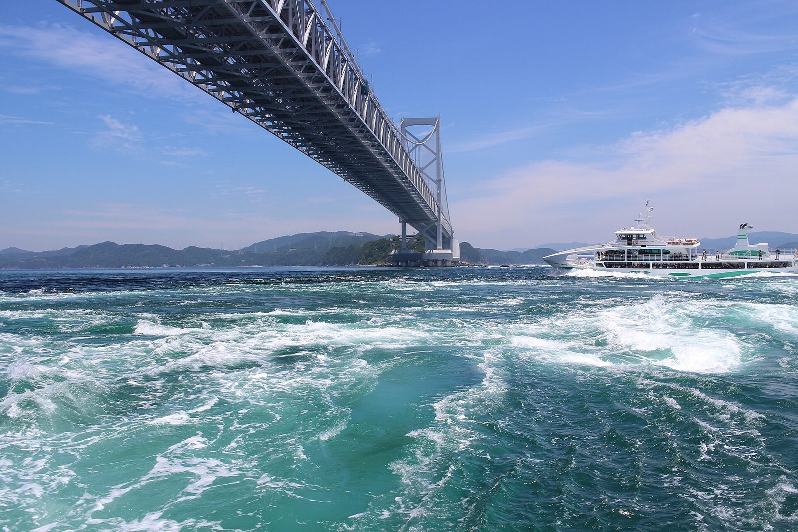 น้ำวนในช่องแคบนารุโตะ มีสะพานใหญ่และเรือชมน้ำวนด้านหลัง